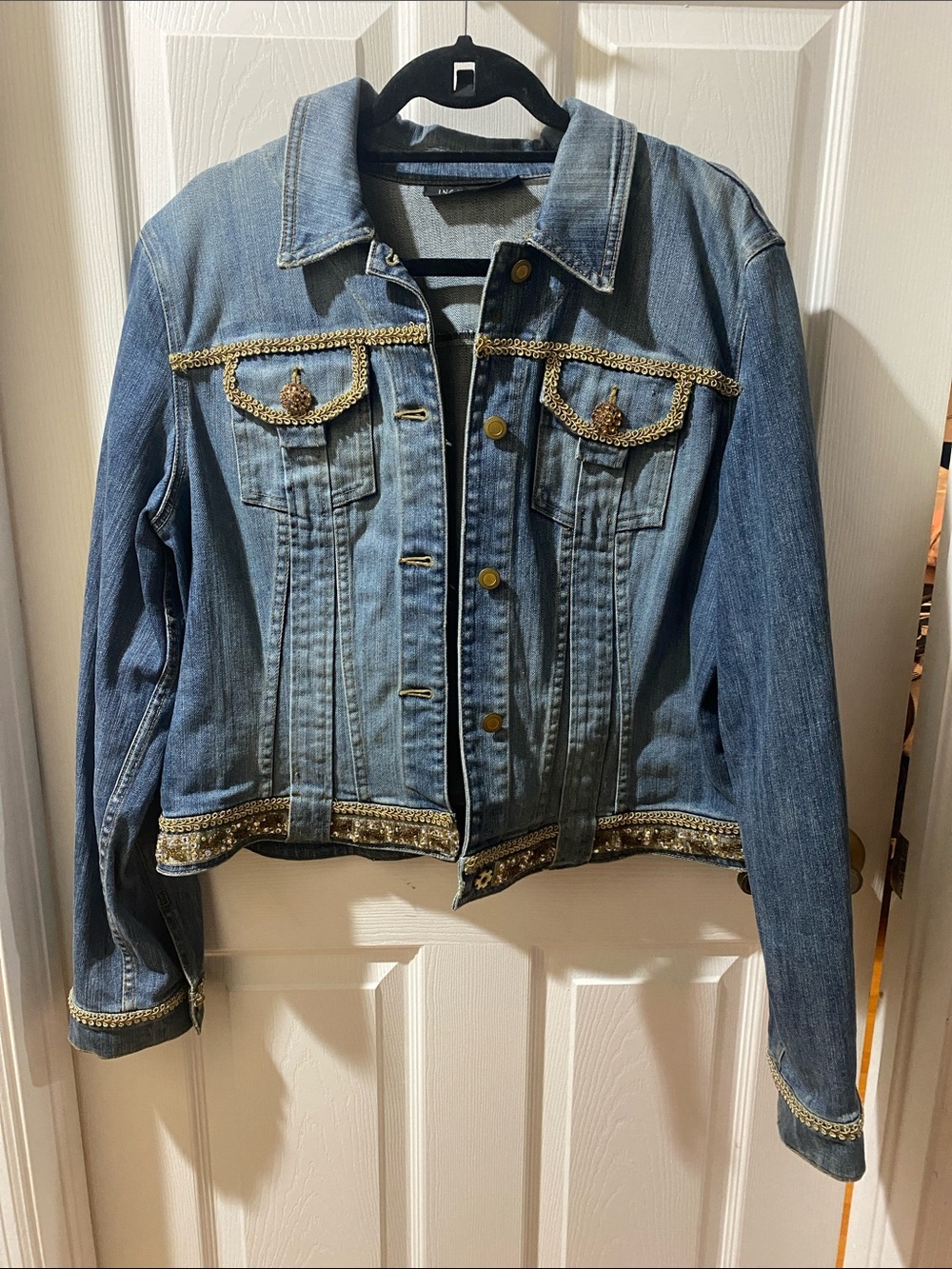 INC International Concepts Blue Denim Jacket with Gold Trim